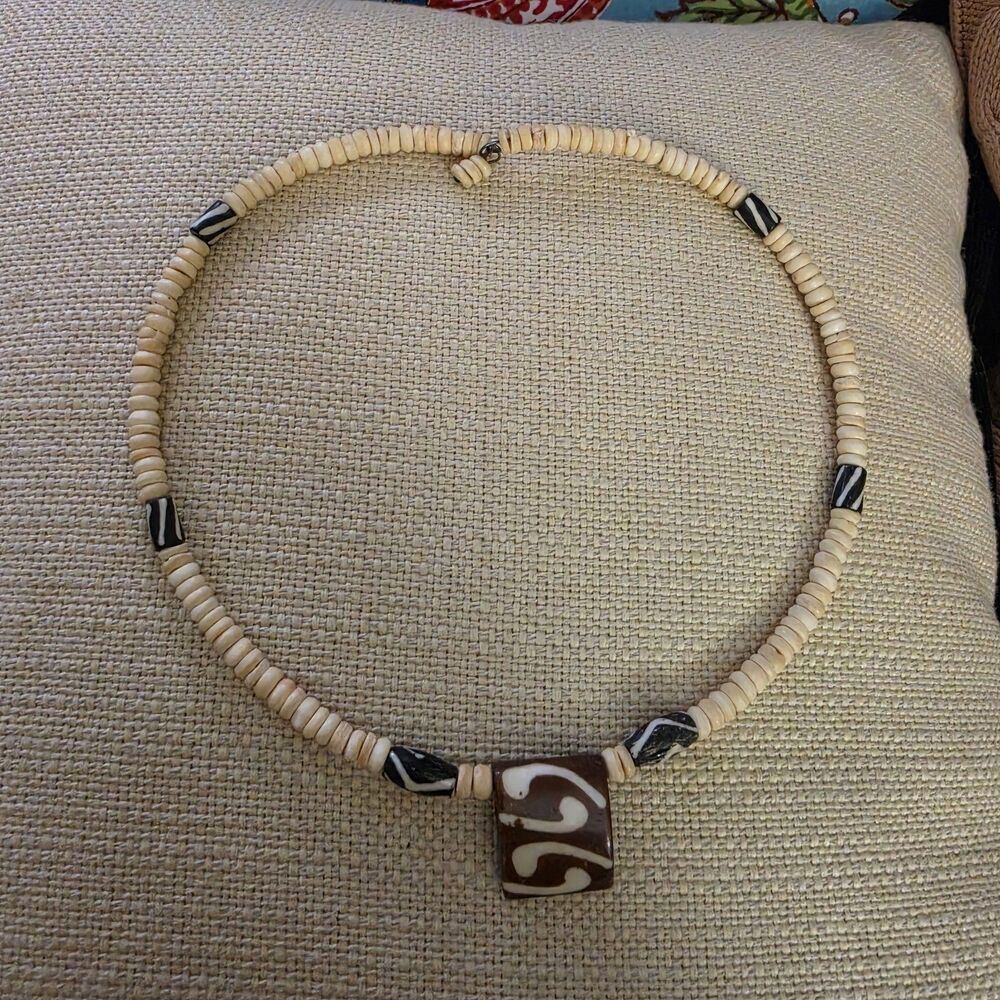 African Tribal bone Heishi Necklace White Batik Beads Square Leather Pendant